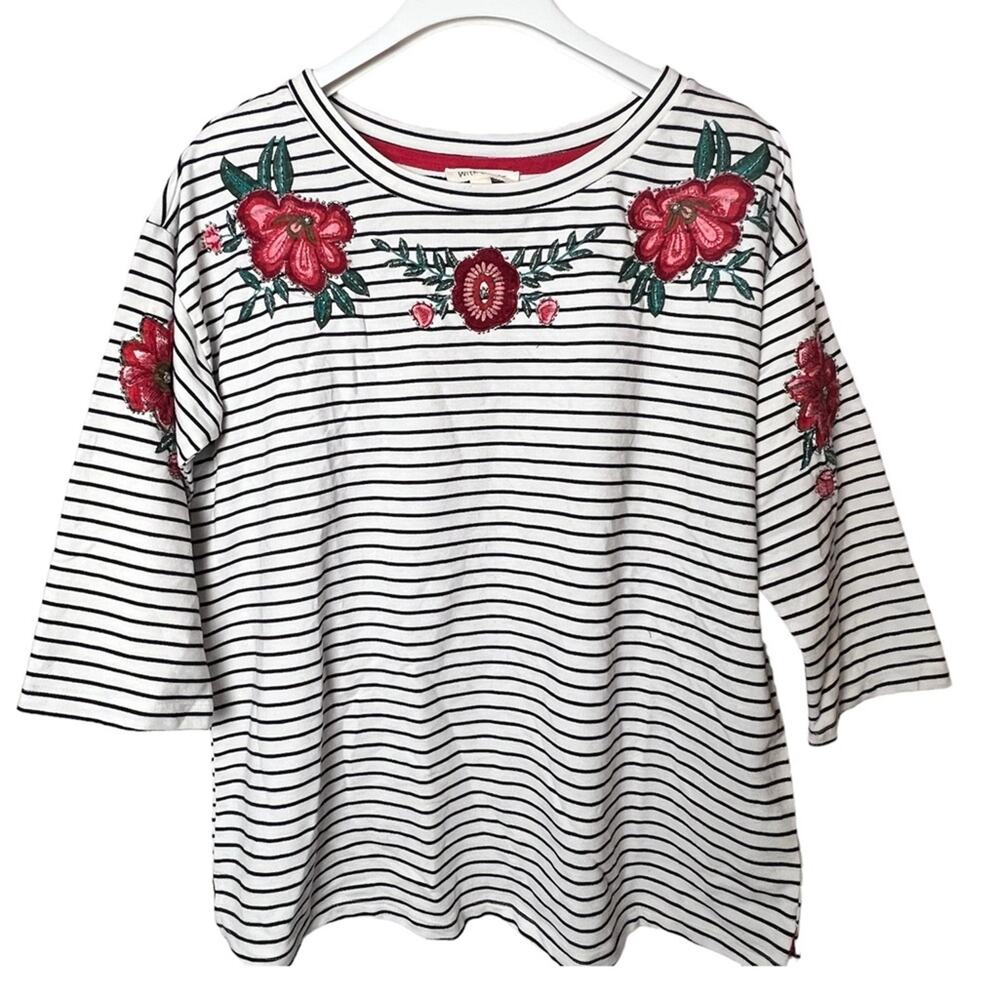 With Love Women’s 3/4 Sleeve Striped and Floral Blouse Sz L NWT